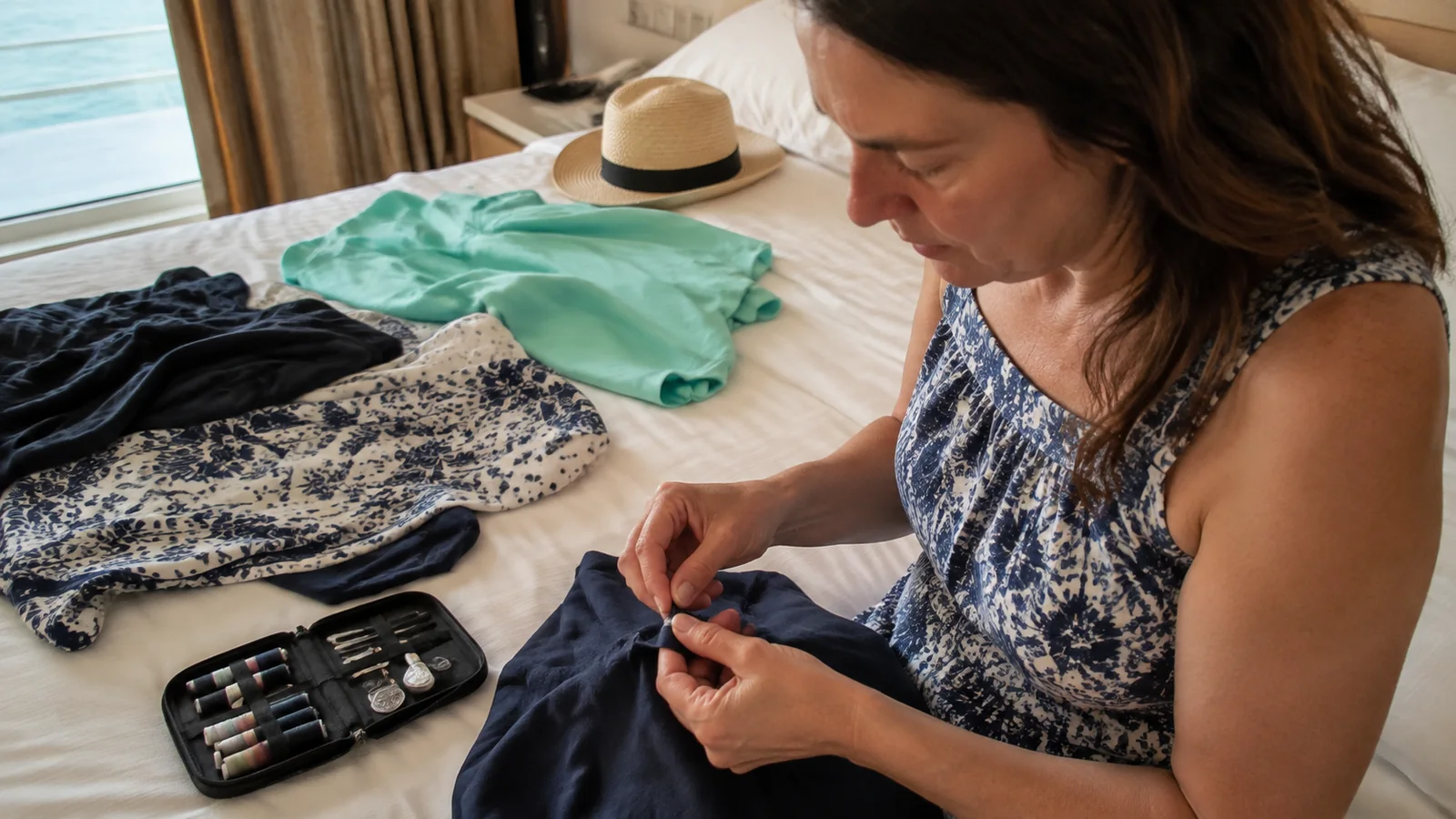 Passenger repairing clothing with a small sewing kit in a cabin.