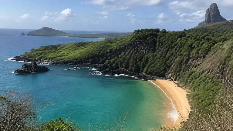 Turquoise cove beneath green cliffs and a distinctive pointed peak.