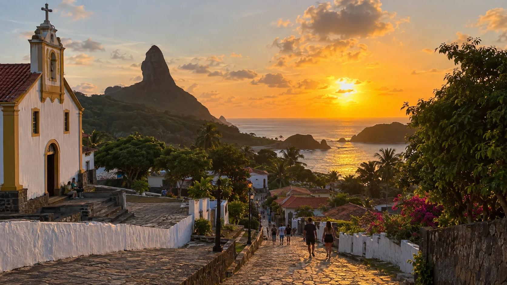 Vila dos Remédios descending toward the sea at sunset in Fernando de Noronha