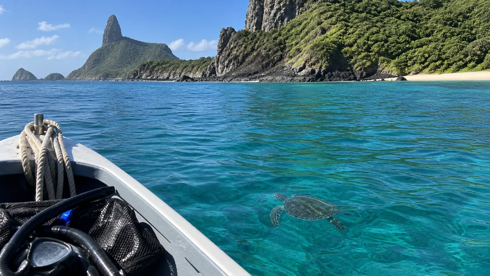Clear water and green cliffs near Baía do Sueste from a small boat