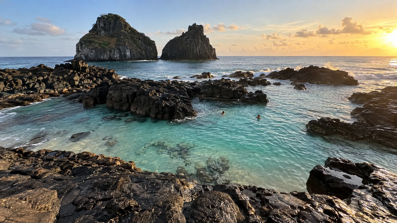 Natural pools at Baía dos Porcos with Dois Irmãos behind