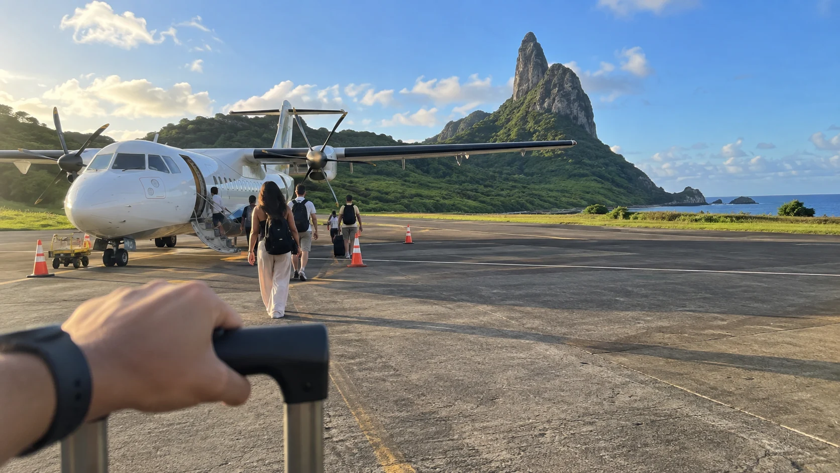 Small plane arriving on Fernando de Noronha beneath Morro do Pico