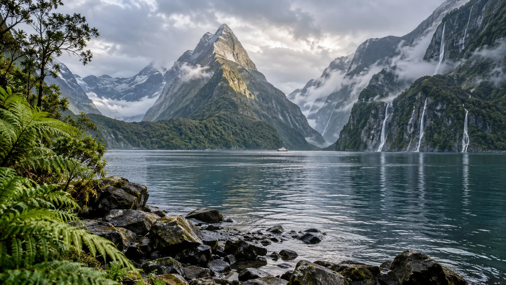 Mitre Peak, rainforest cliffs and waterfalls reflected in Milford Sound in Fiordland National Park, New Zealand.