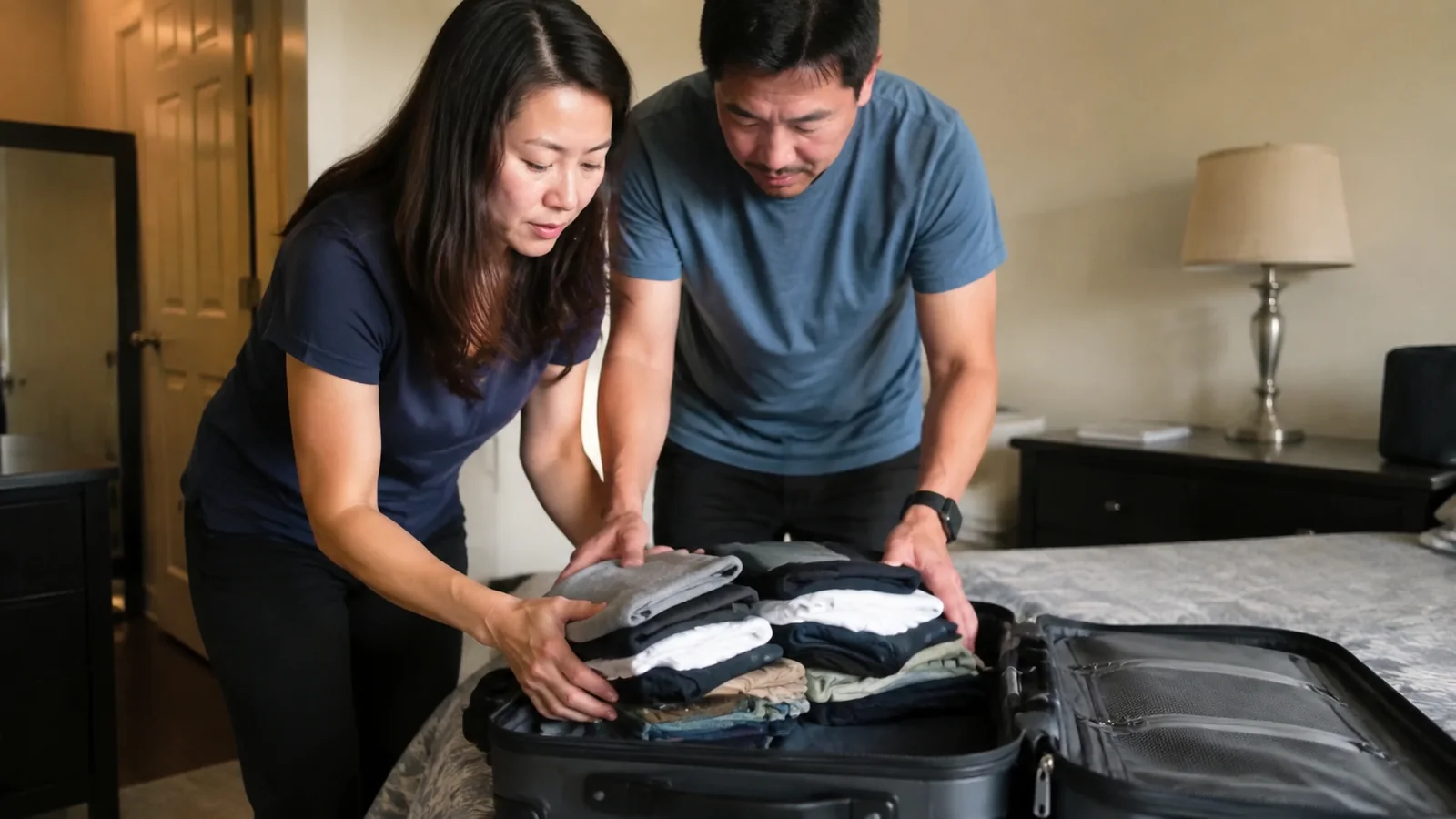 Couple organizing clothing inside a suitcase.