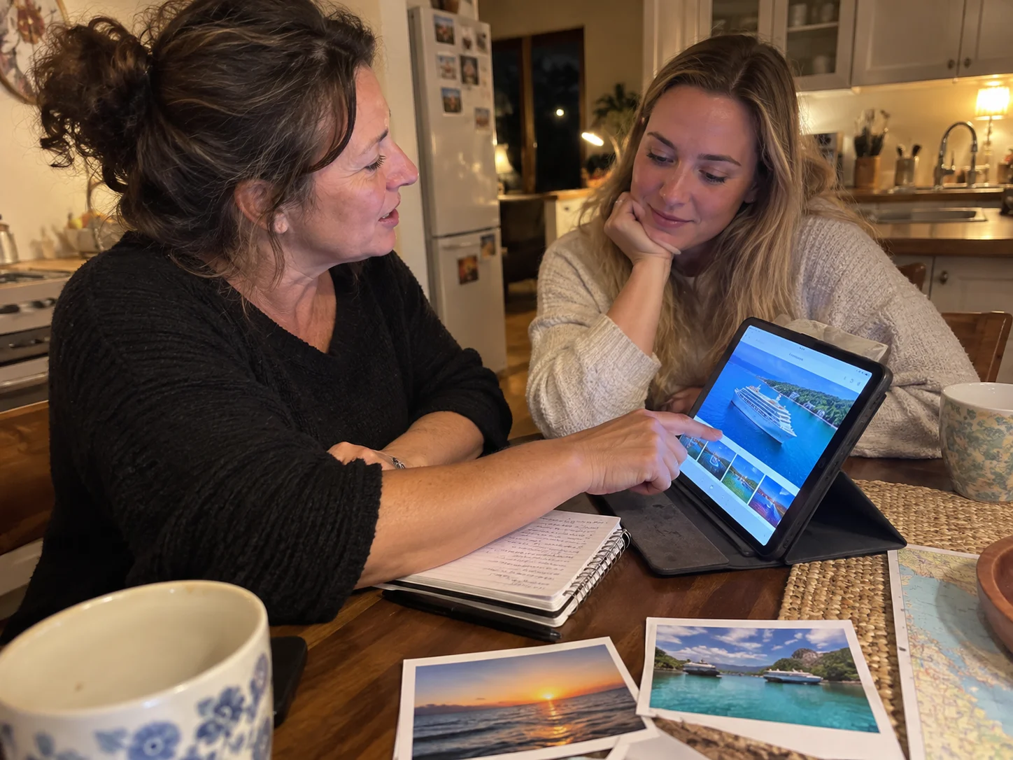 Travelers compare the atmosphere of different cruise vacations while planning together.