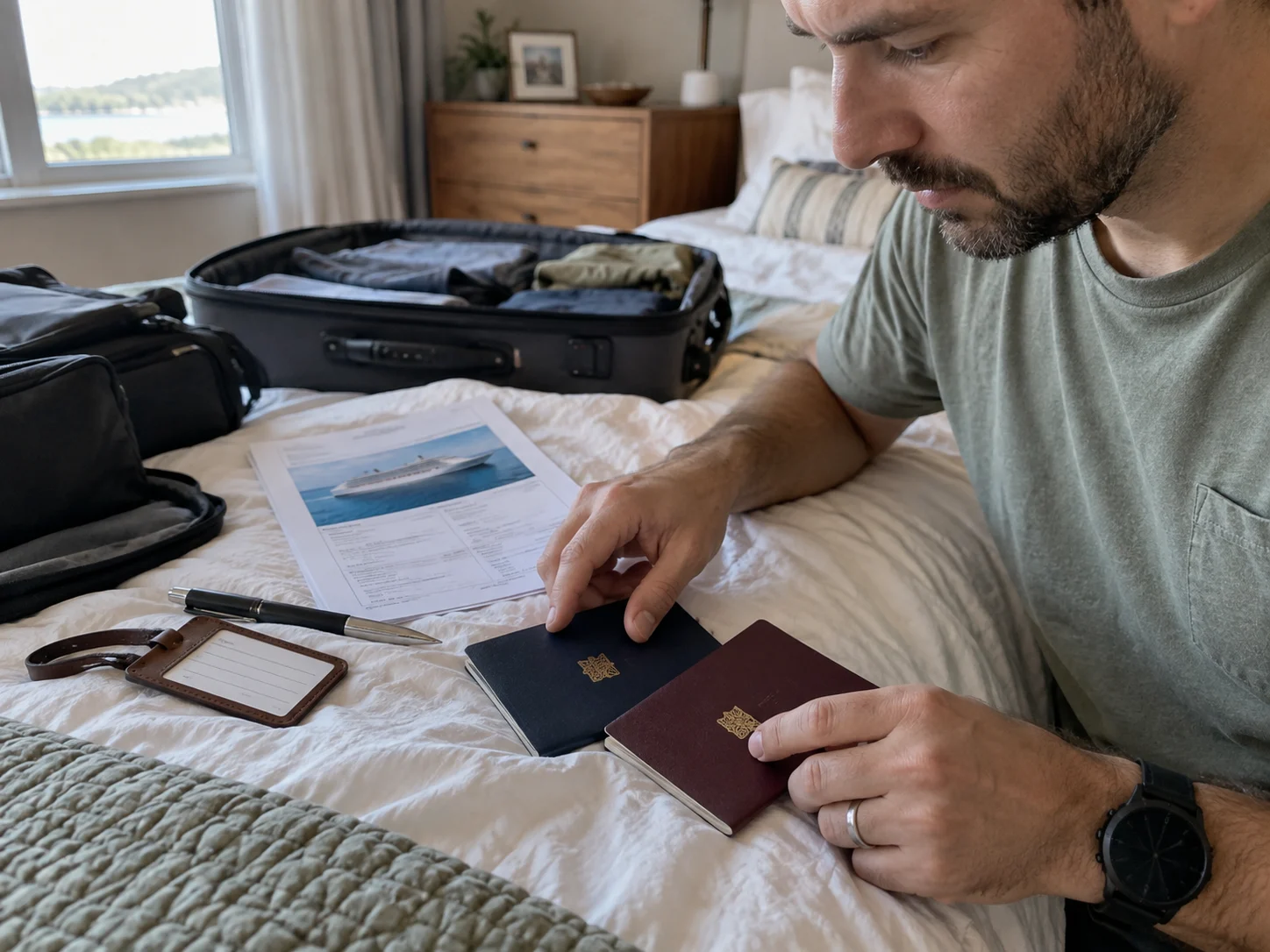 A traveler organizes passports and cruise documents before the trip.