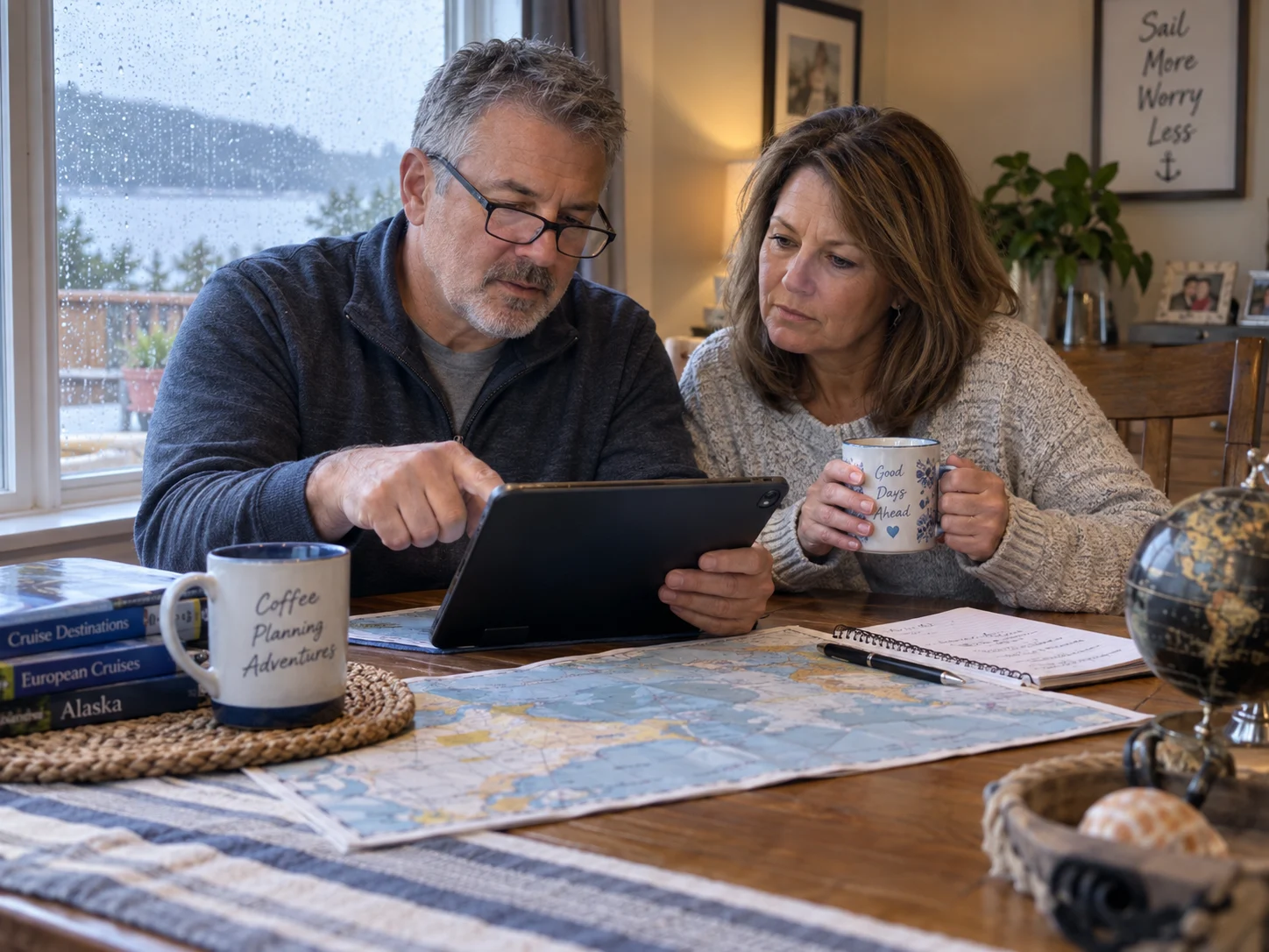 Travelers review cruise insurance details together before booking.