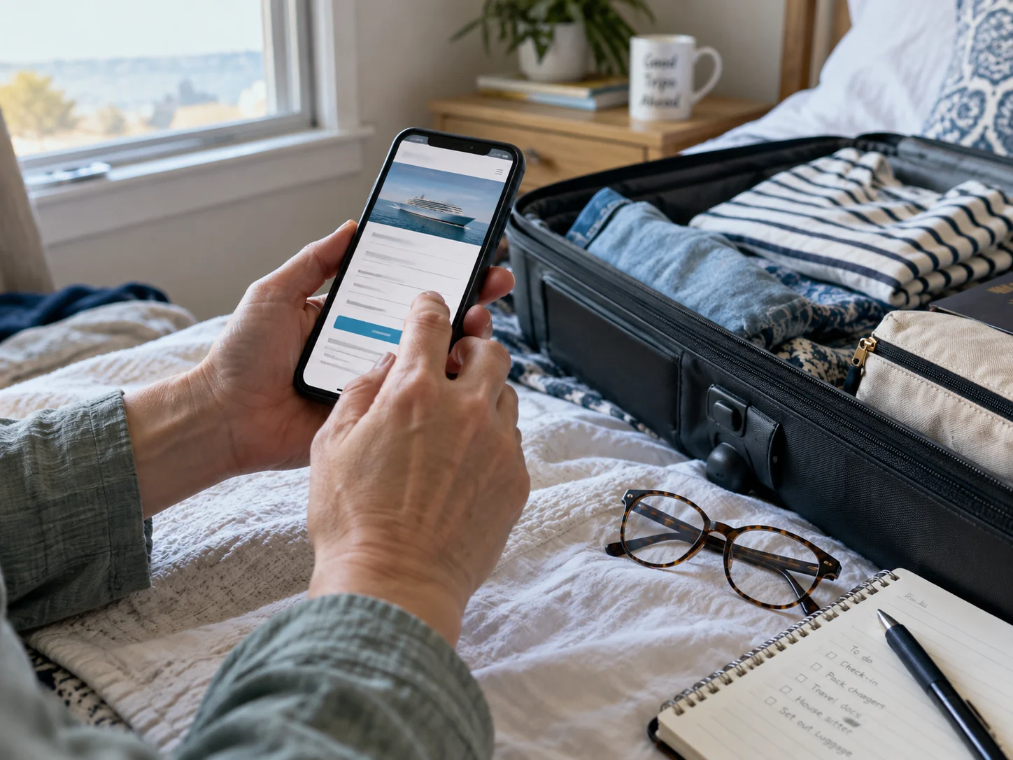 A traveler completes cruise check-in on a phone beside a packed carry-on.