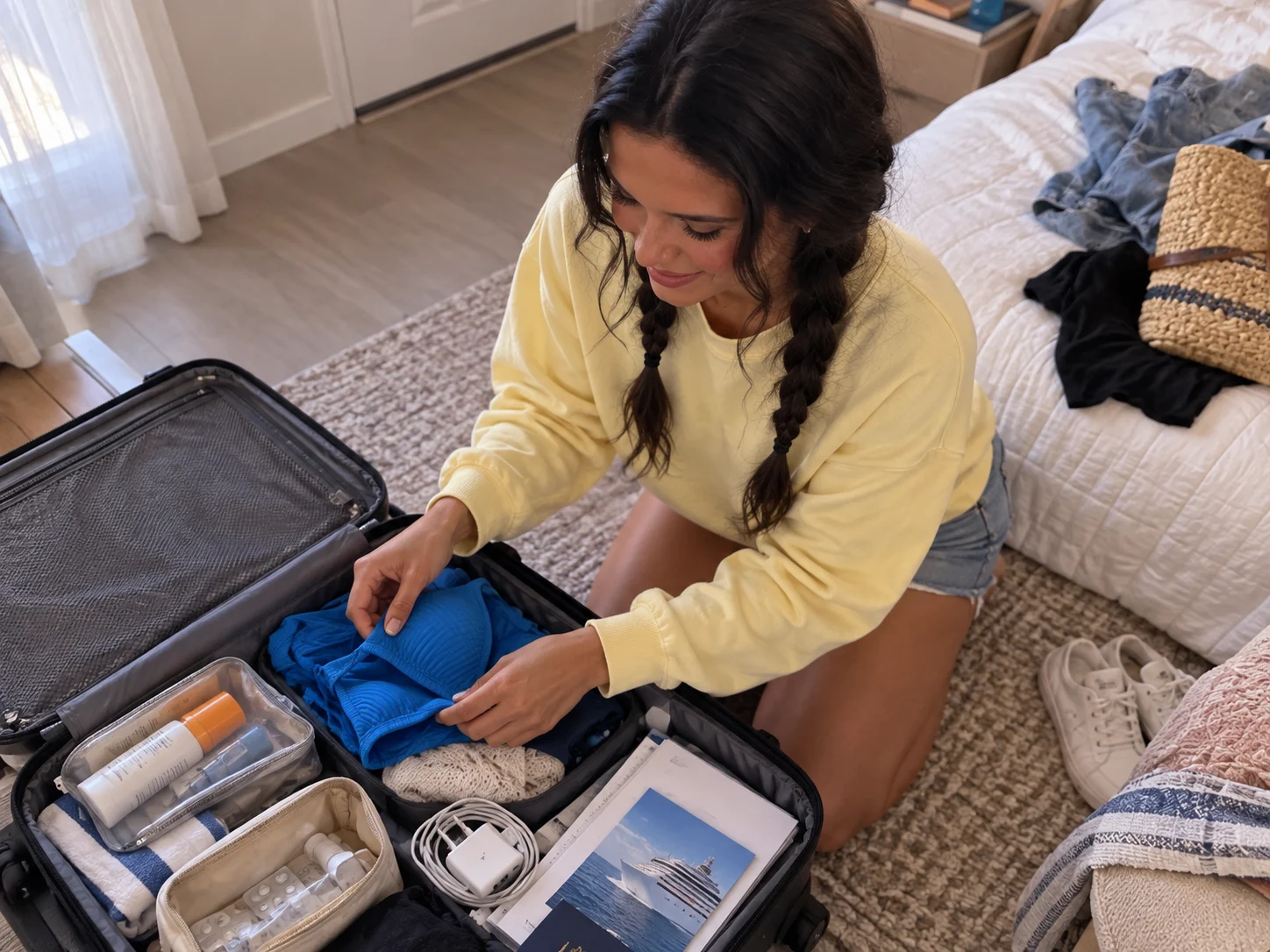 Ellie packs swimwear, medication, and documents in her embarkation-day carry-on.