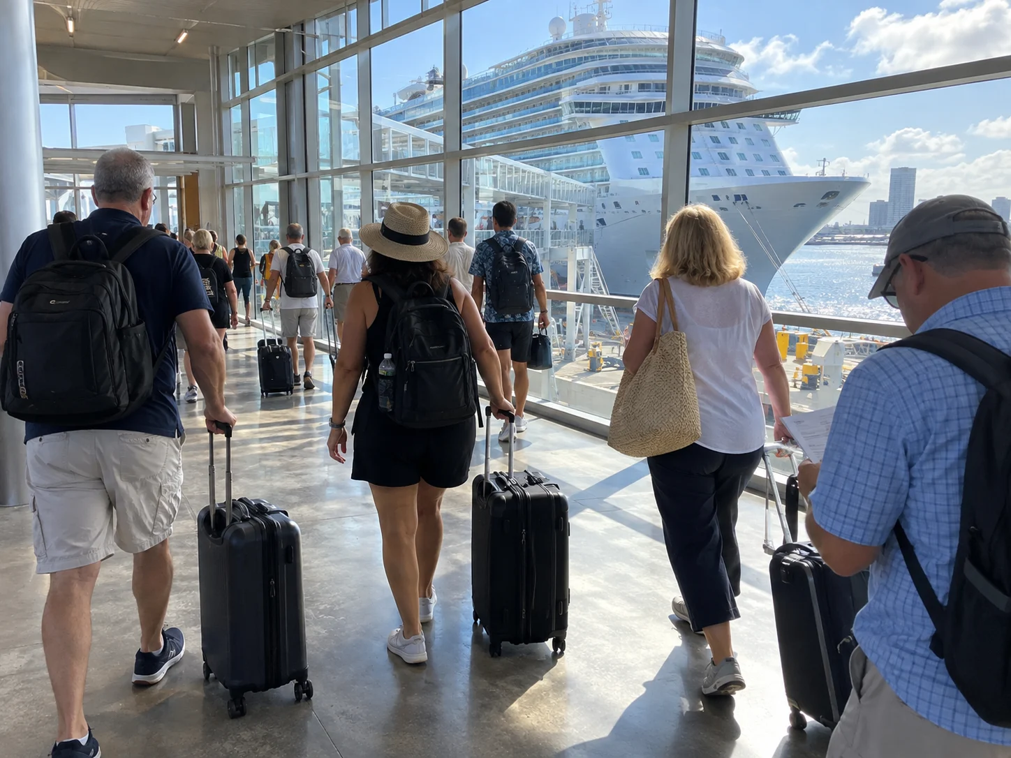 First-time cruisers follow signs toward their ship with carry-on bags.