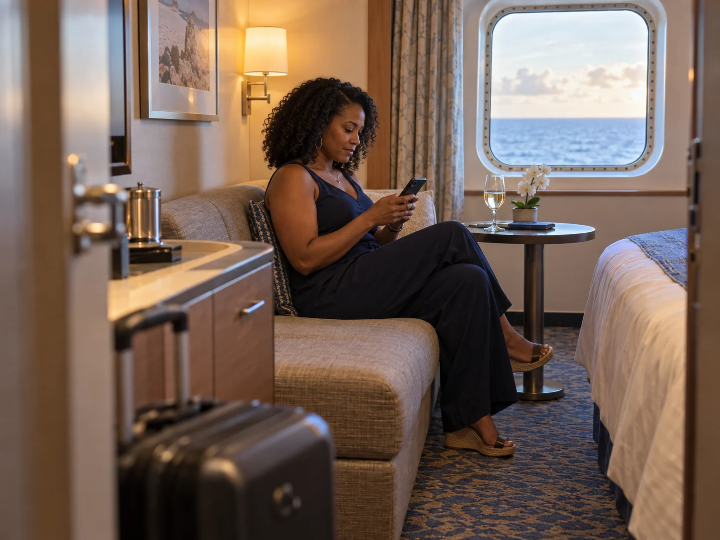 A cruiser checks the evening dining schedule inside a compact cabin.