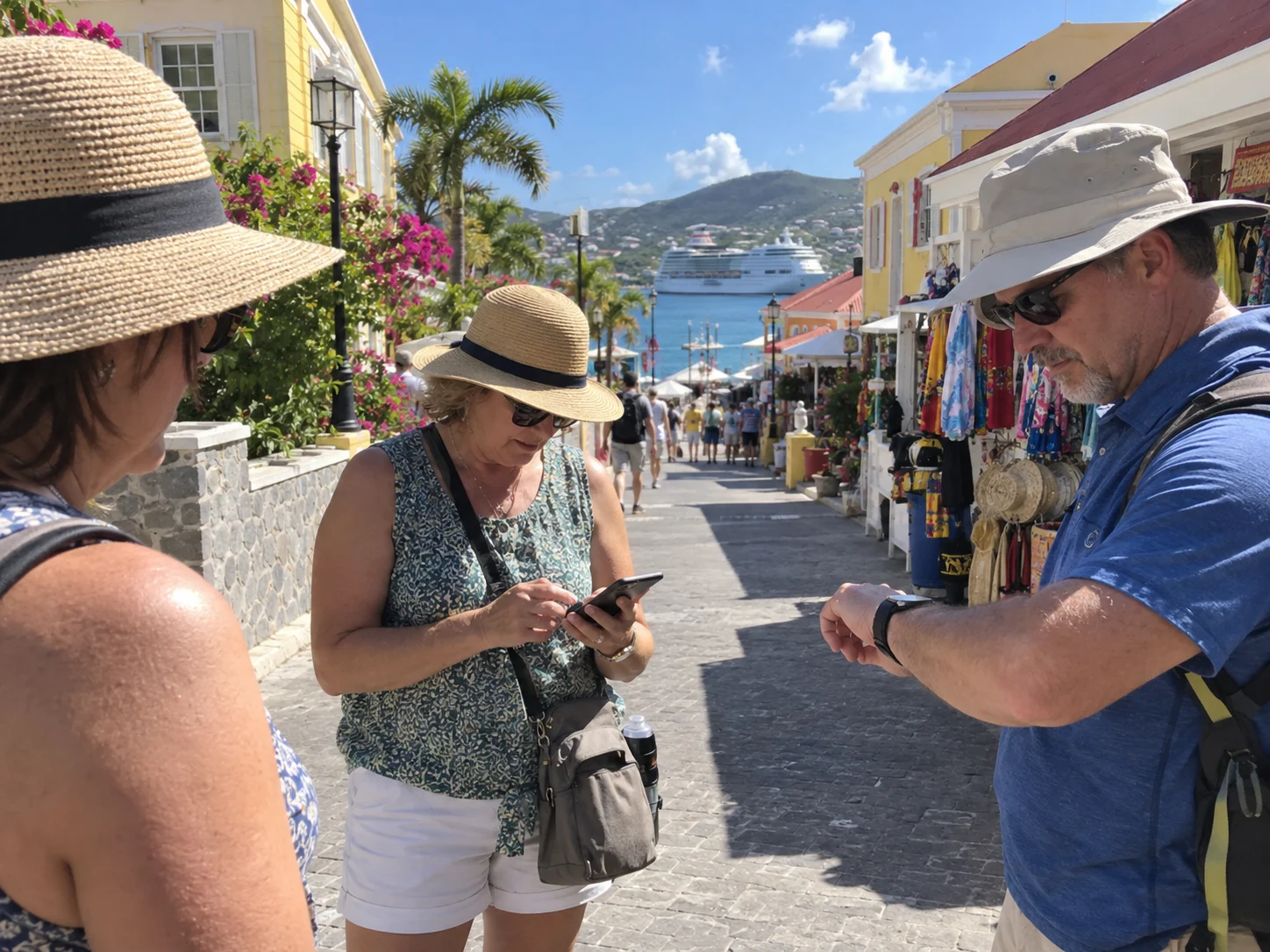 Cruise travelers check the time before returning from a colorful port.