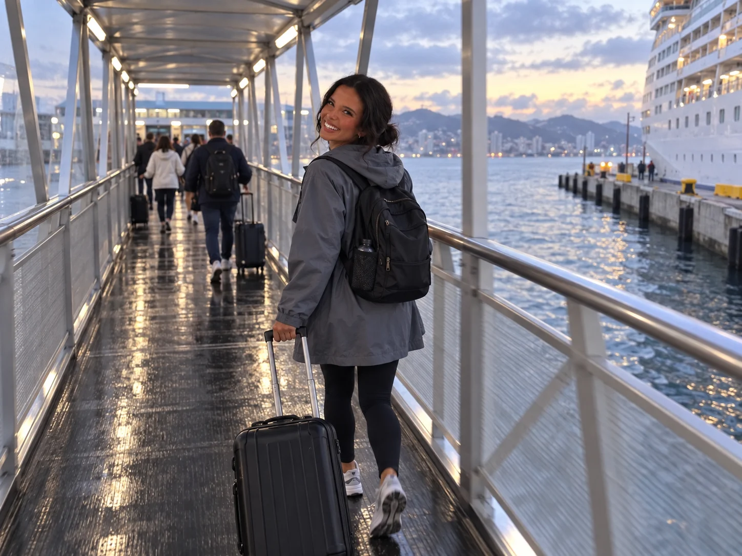 Ellie leaves her cruise ship with luggage after an early disembarkation.
