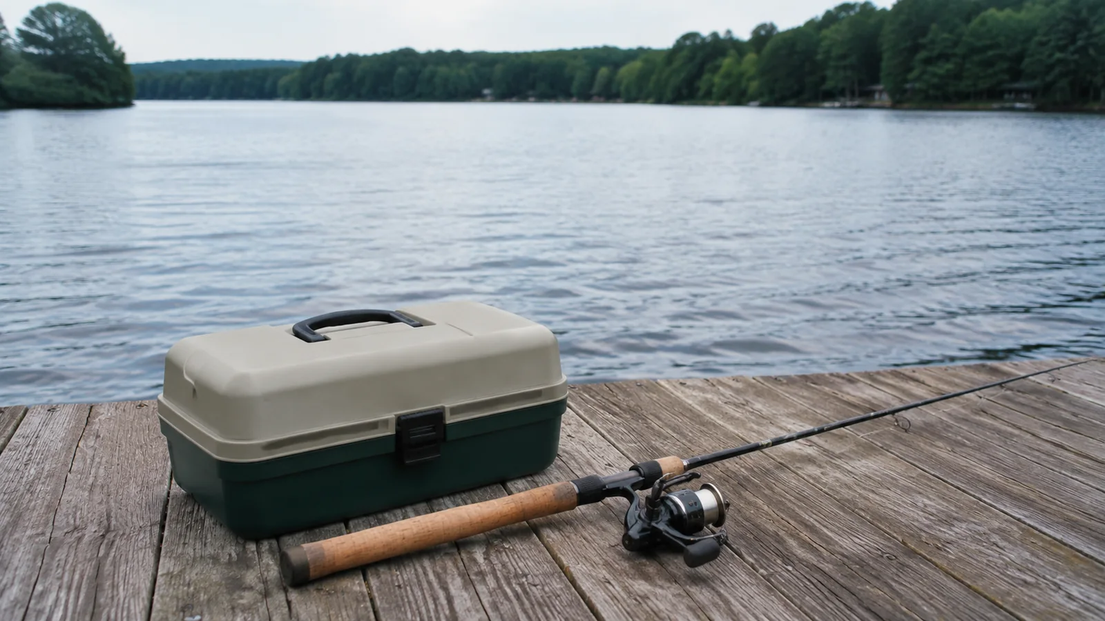 Fishing rod and tackle box resting on a wooden lakeside dock.
