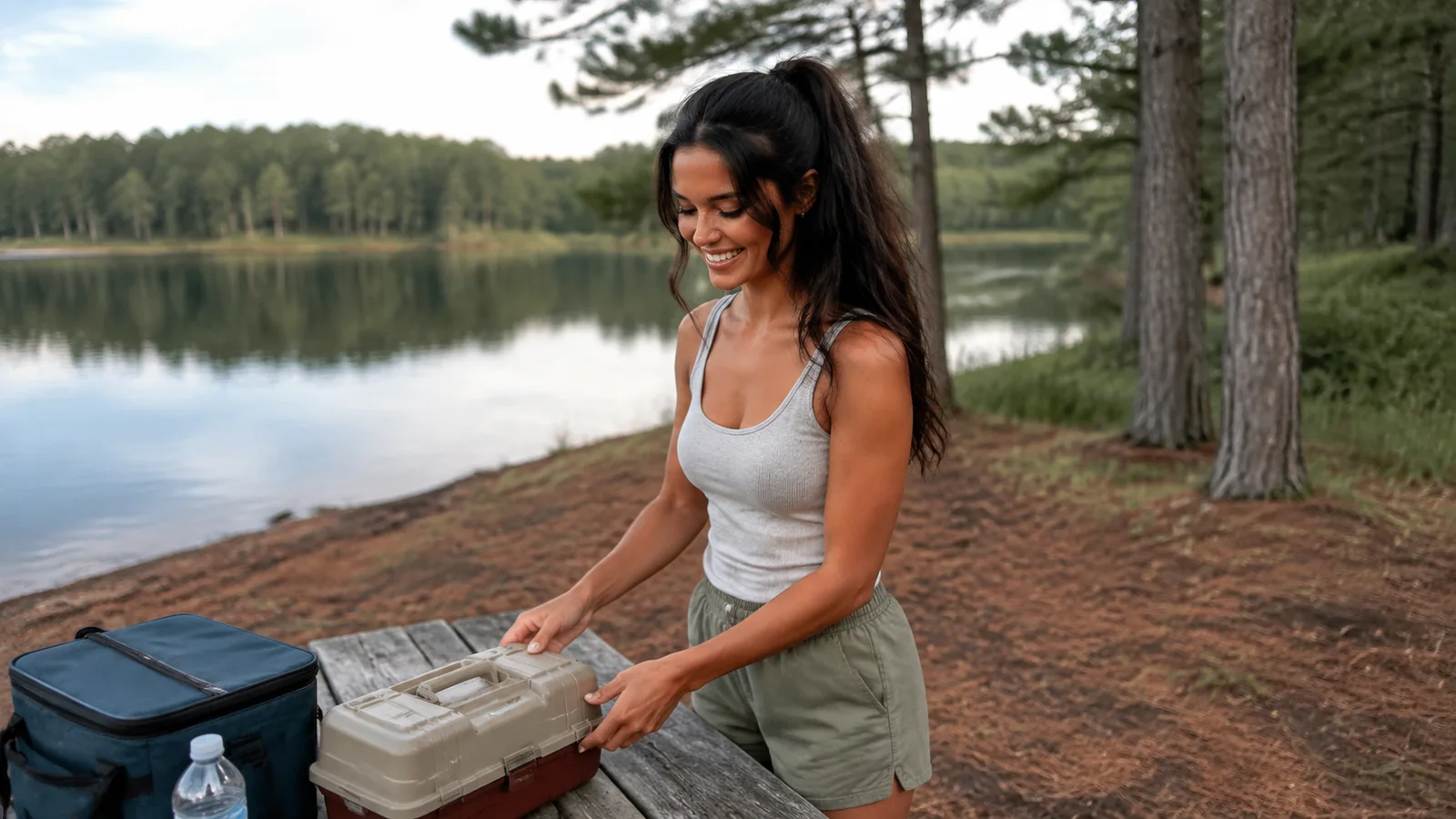 Woman sorting fishing gear at a picnic table beside a still lake.