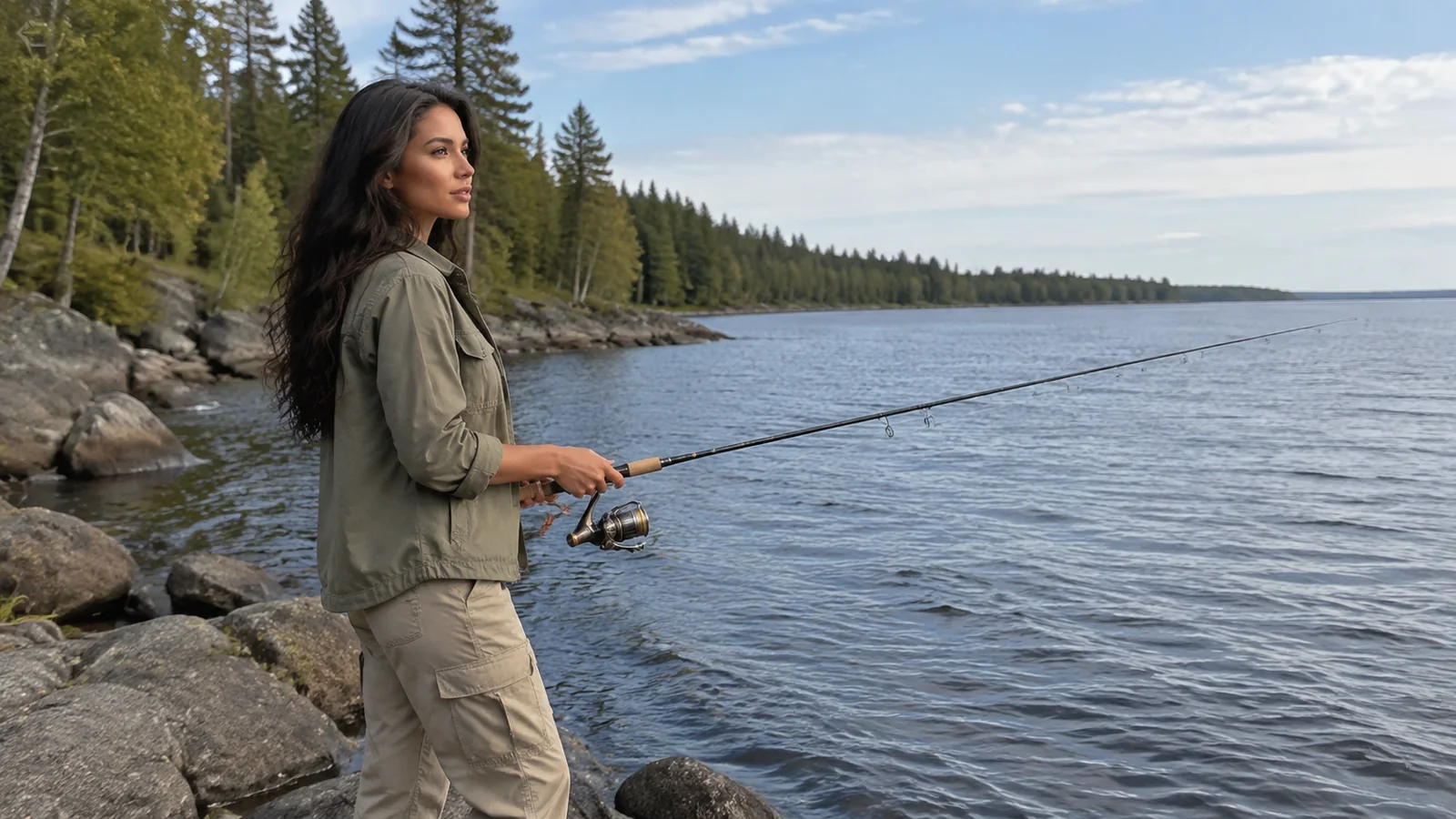 Woman holds a fishing rod beside a rocky wooded shoreline.