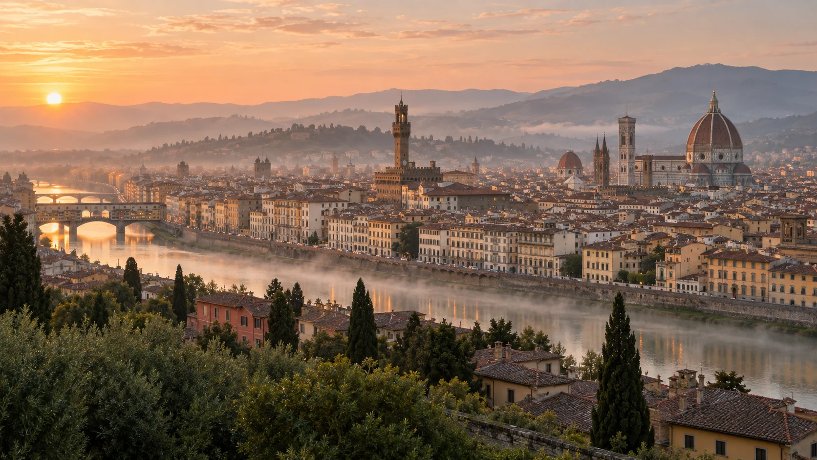 Florence skyline, Duomo and Arno River glowing at sunrise above the Tuscan hills