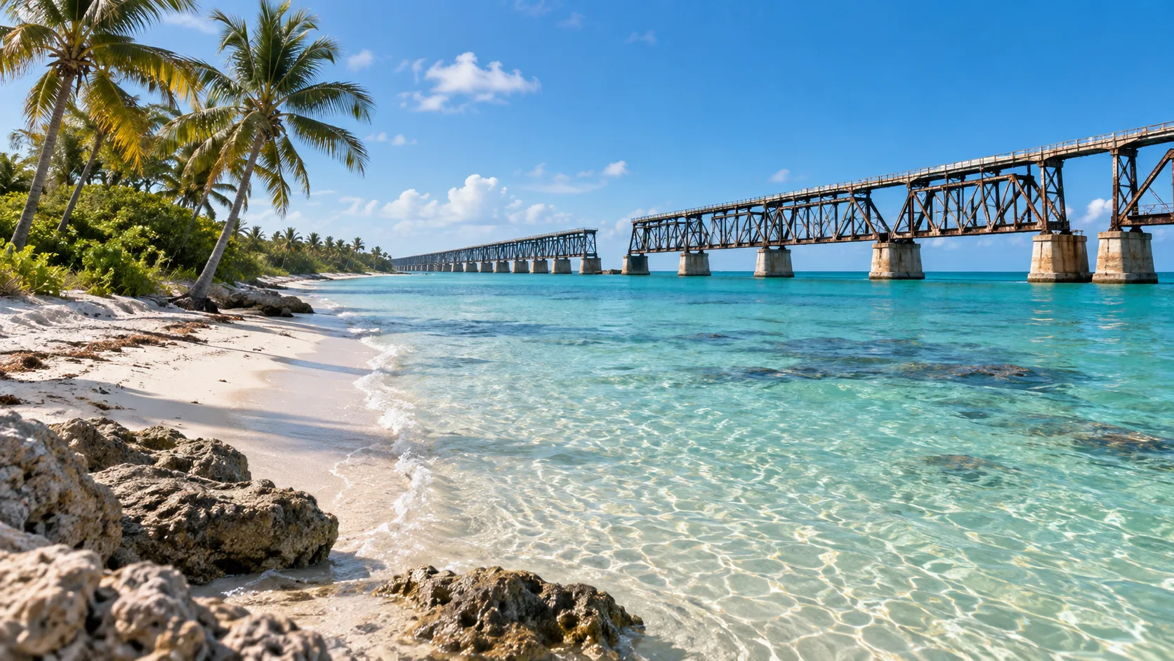 The old Bahia Honda rail bridge crosses turquoise water beyond a palm-lined beach.