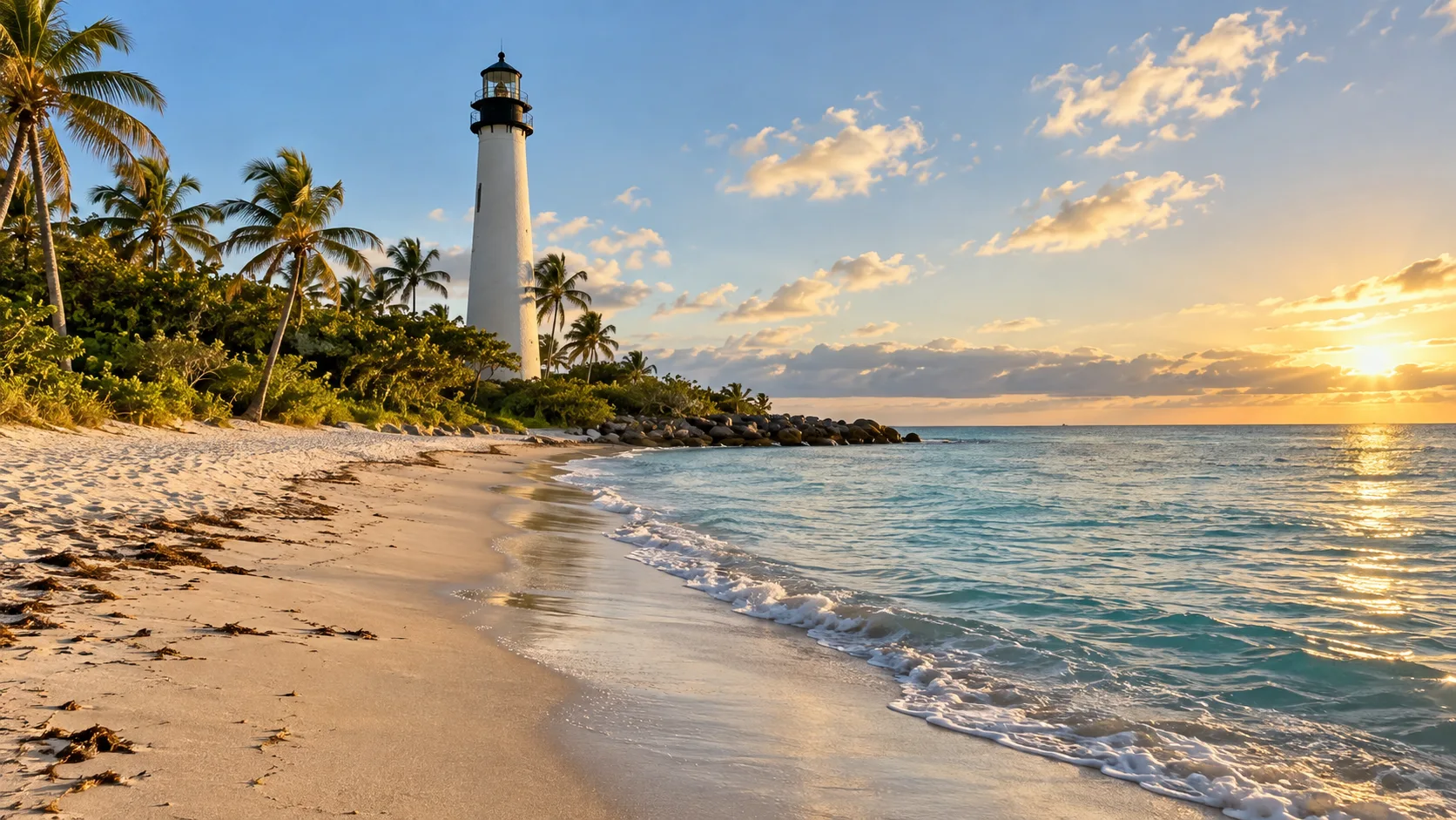 Cape Florida Lighthouse rises beside the beach at Bill Baggs State Park.