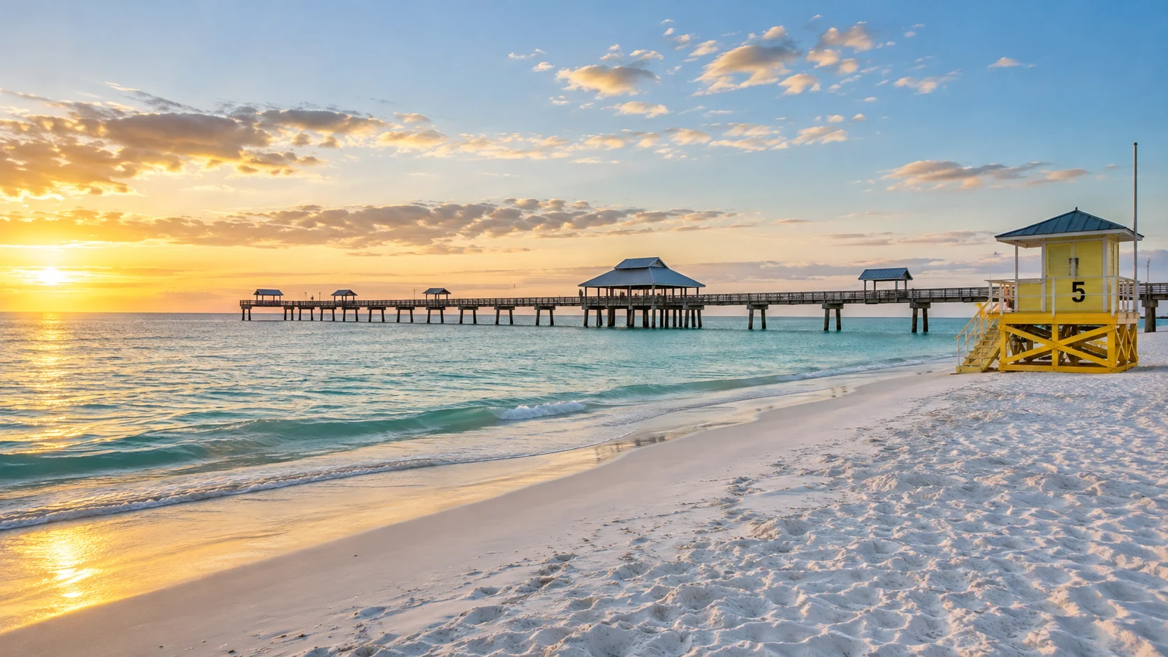 Pier 60 and a colorful lifeguard stand on Clearwater Beach at sunrise.