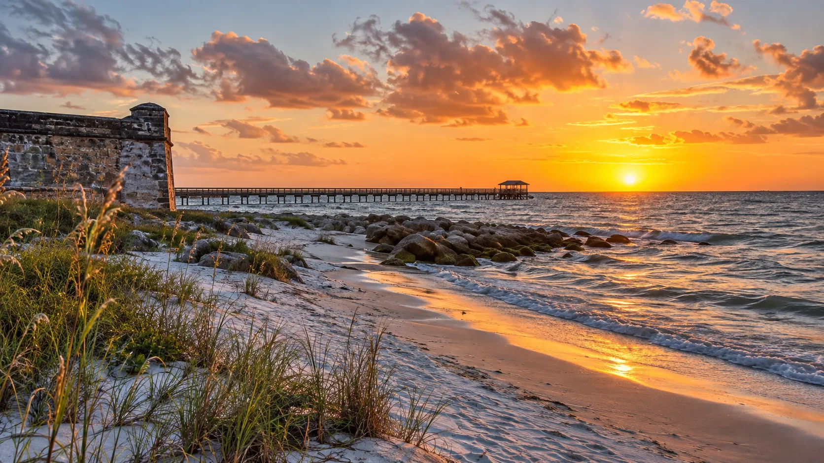 Fort De Soto's historic wall and Gulf fishing pier beside the beach at sunset.