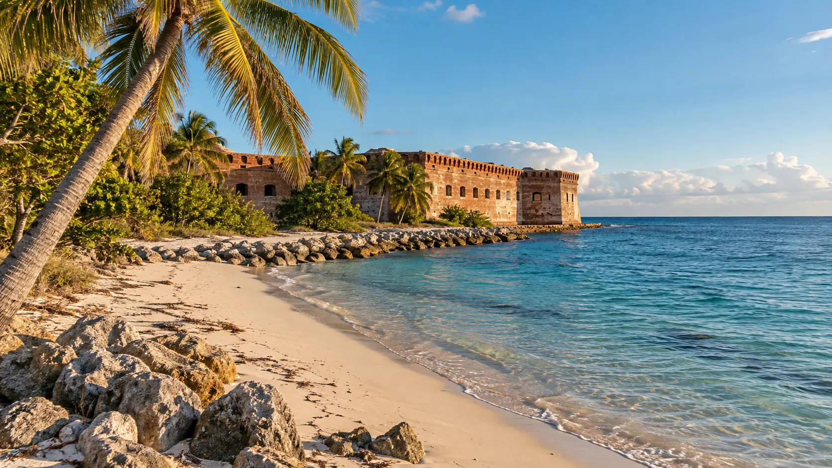 Fort Zachary Taylor's brick walls stand behind a palm-fringed Key West beach.