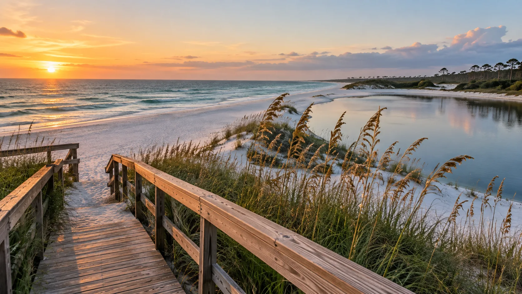 A dune boardwalk overlooks Grayton Beach and its coastal dune lake at sunrise.