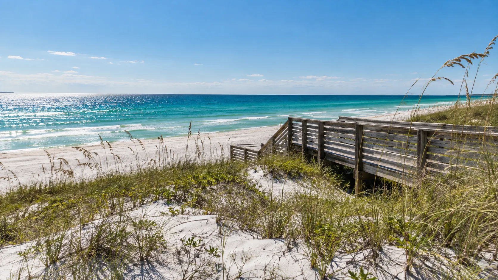 White dunes and emerald Gulf water at Henderson Beach State Park in Destin.