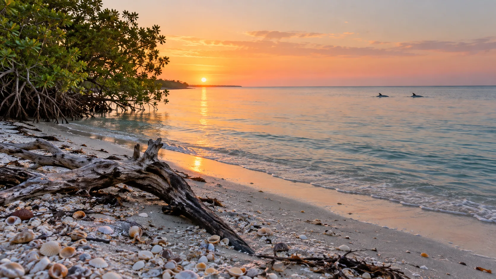 Driftwood and shells line Lovers Key State Park as dolphins pass offshore.
