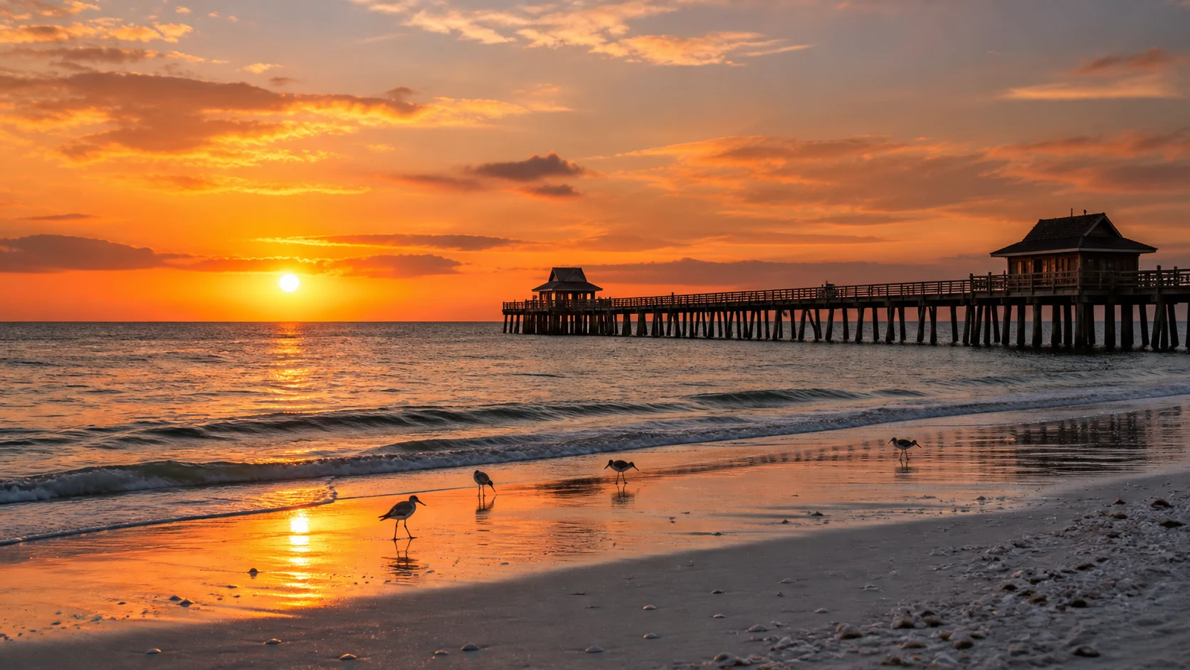 Shorebirds cross a Naples beach beneath a glowing sunset and historic pier.