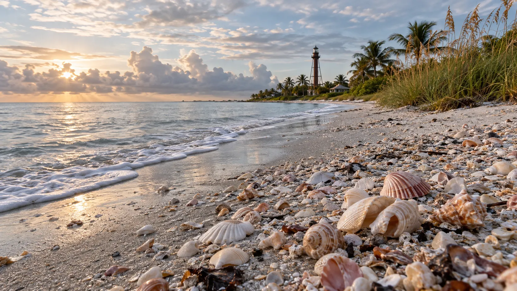 Shells cover Sanibel Island's shoreline with its lighthouse in the distance.