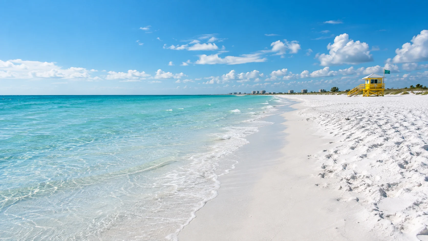 Siesta Beach's white quartz sand curves beside clear aquamarine water.