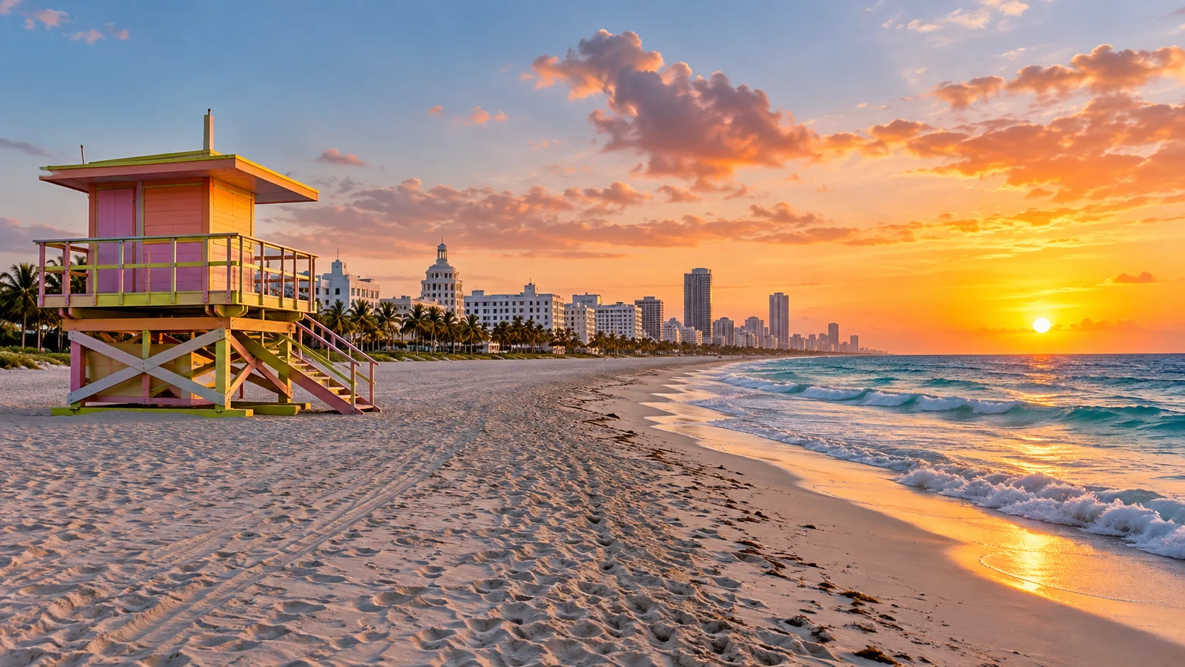 A pastel lifeguard tower faces the Atlantic and Miami Beach skyline at sunrise.