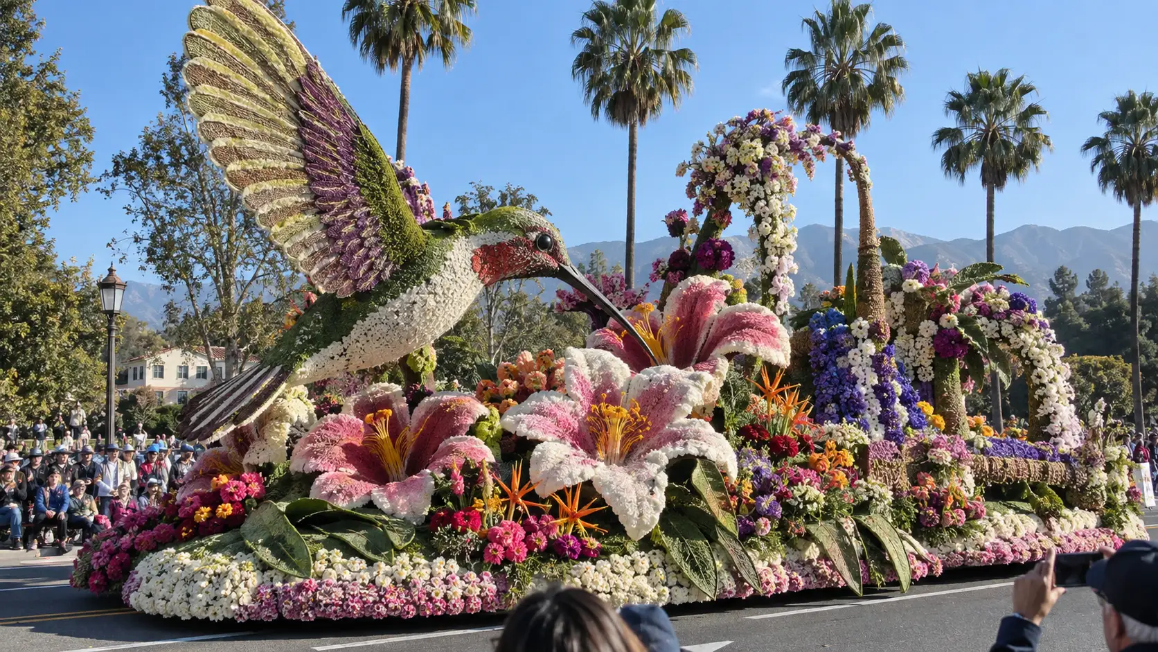 Flower-covered parade float traveling along a palm-lined street during the Rose Parade in Pasadena