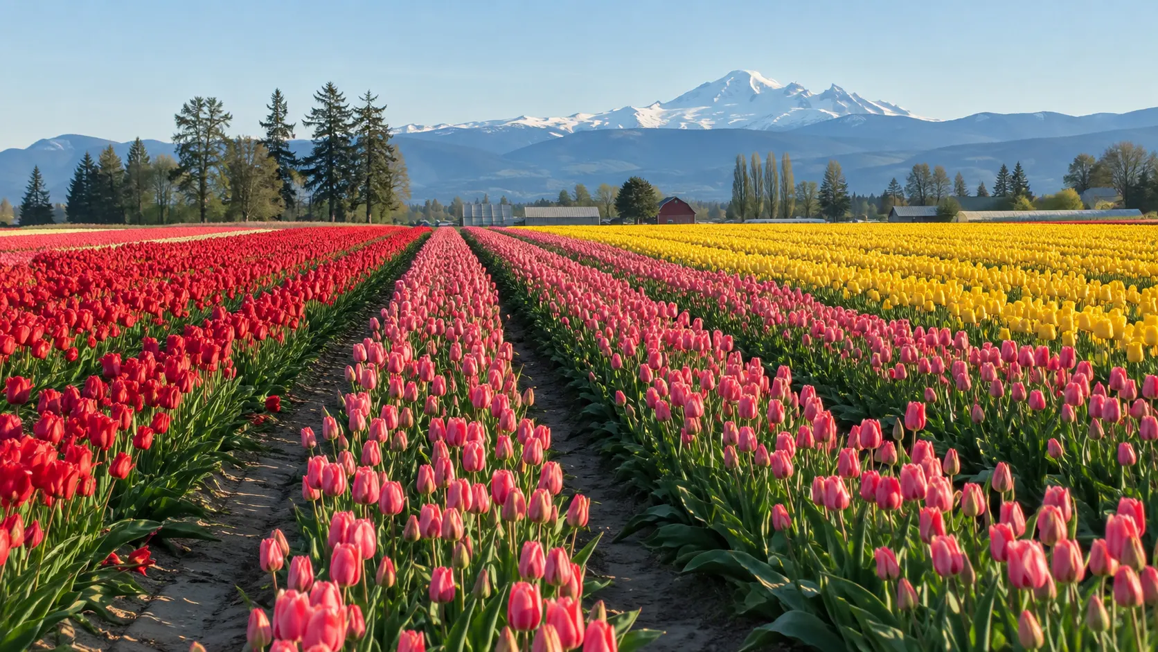 Rows of bright tulips beneath Mount Baker during the Skagit Valley Tulip Festival