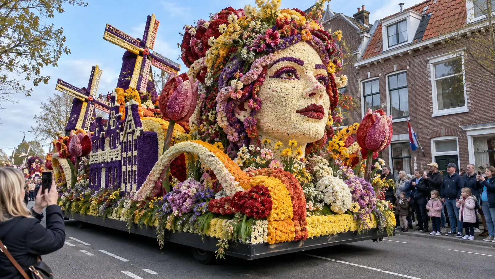Flower-covered float passing through a Dutch town during Bloemencorso Bollenstreek