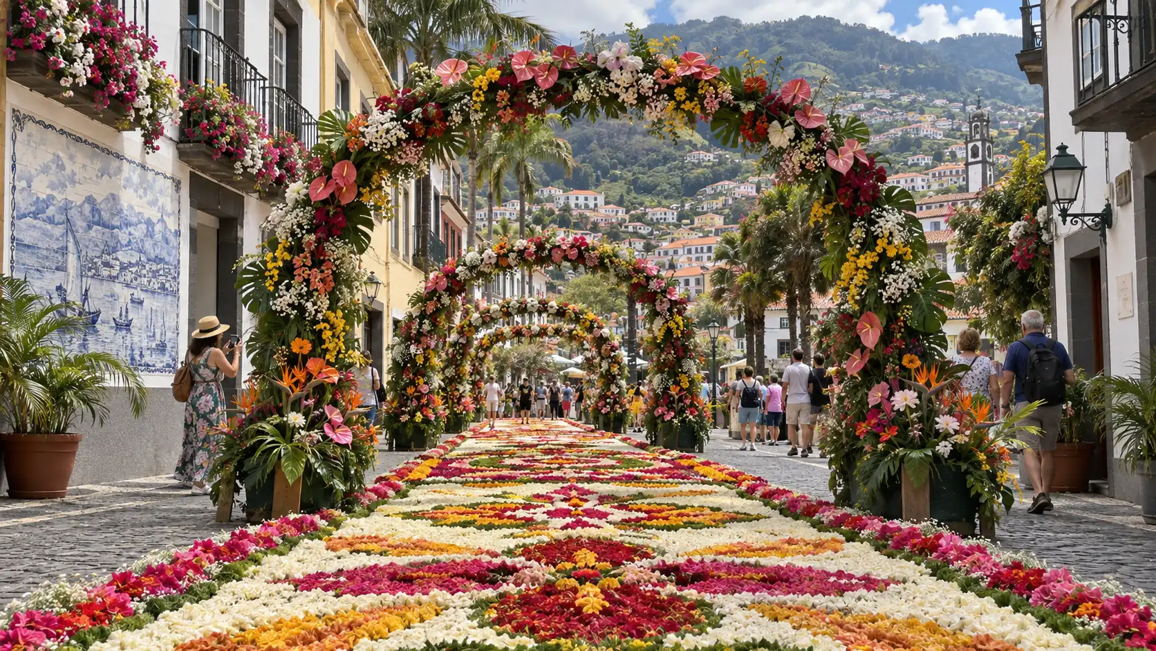 Floral carpets and festival decorations in Funchal during the Madeira Flower Festival