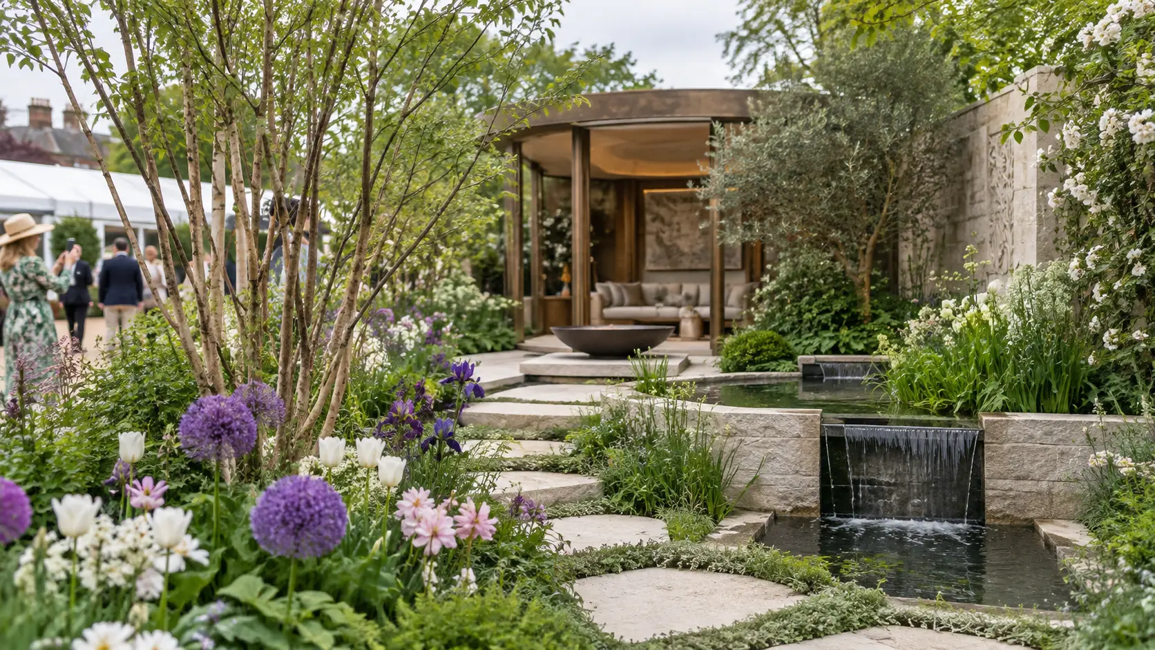 Detailed show garden filled with spring flowers at the RHS Chelsea Flower Show in London