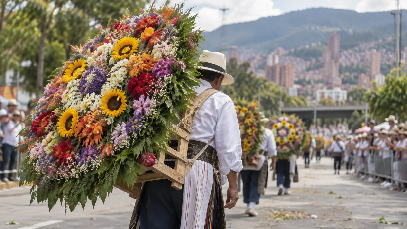 Silletero carrying an elaborate flower display during Medellín's Feria de las Flores