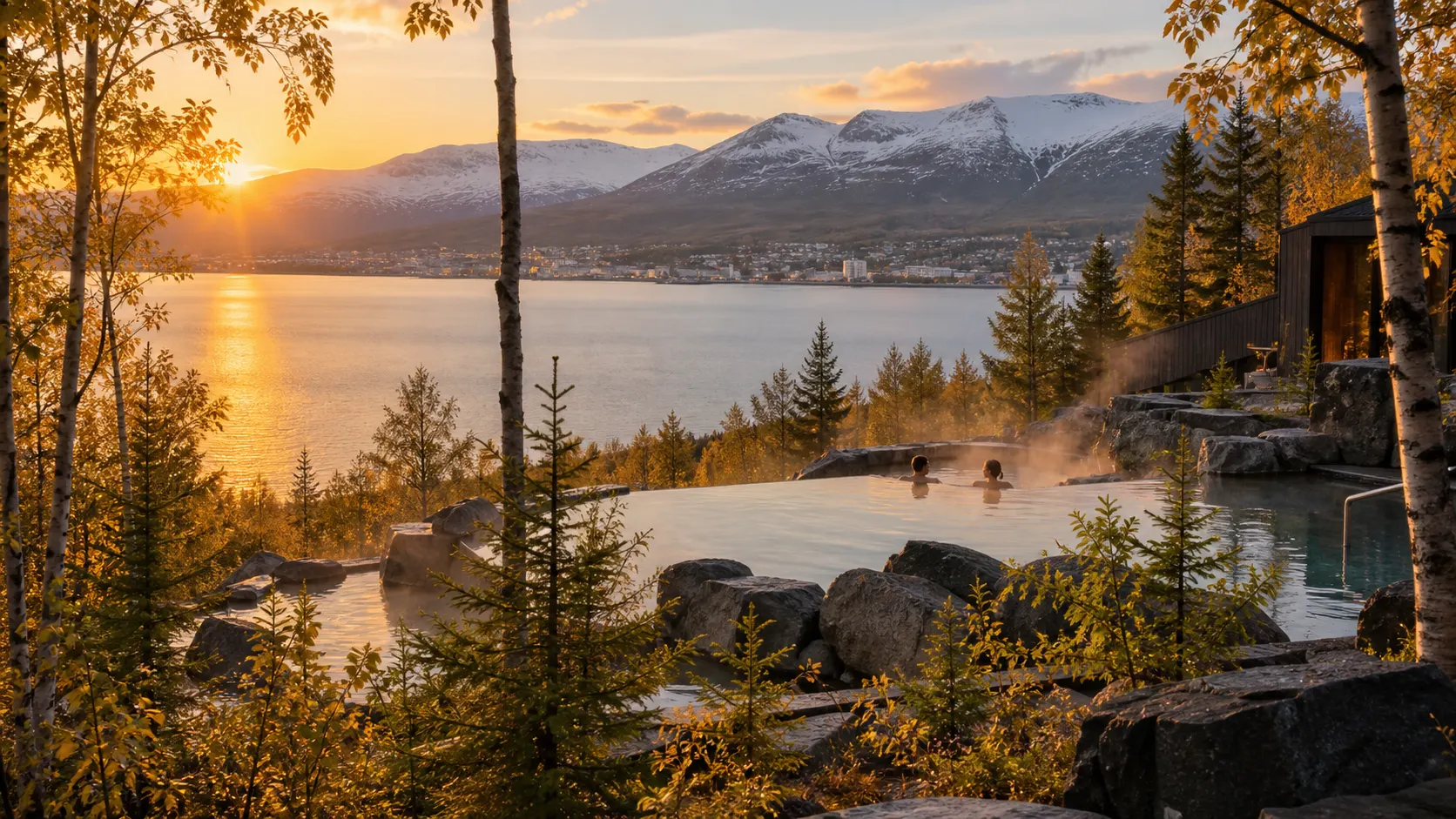 Forest Lagoon geothermal pool overlooking Akureyri and Eyjafjörður at sunset