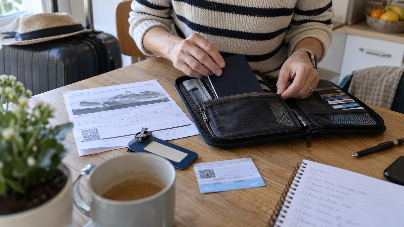 Traveler organizing a passport and cruise documents in a zippered document wallet