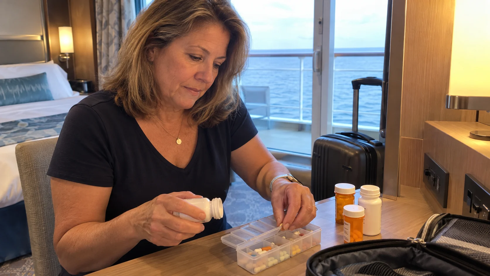 Cruise traveler organizing prescription medicine with extra doses in a cabin