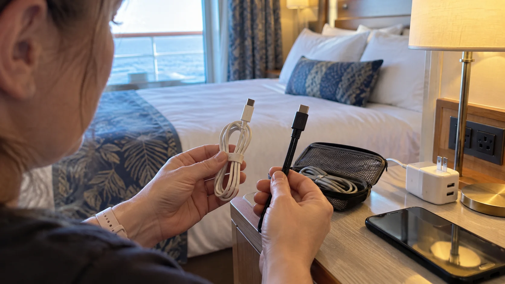 Traveler comparing a primary and backup charging cable in a cruise cabin