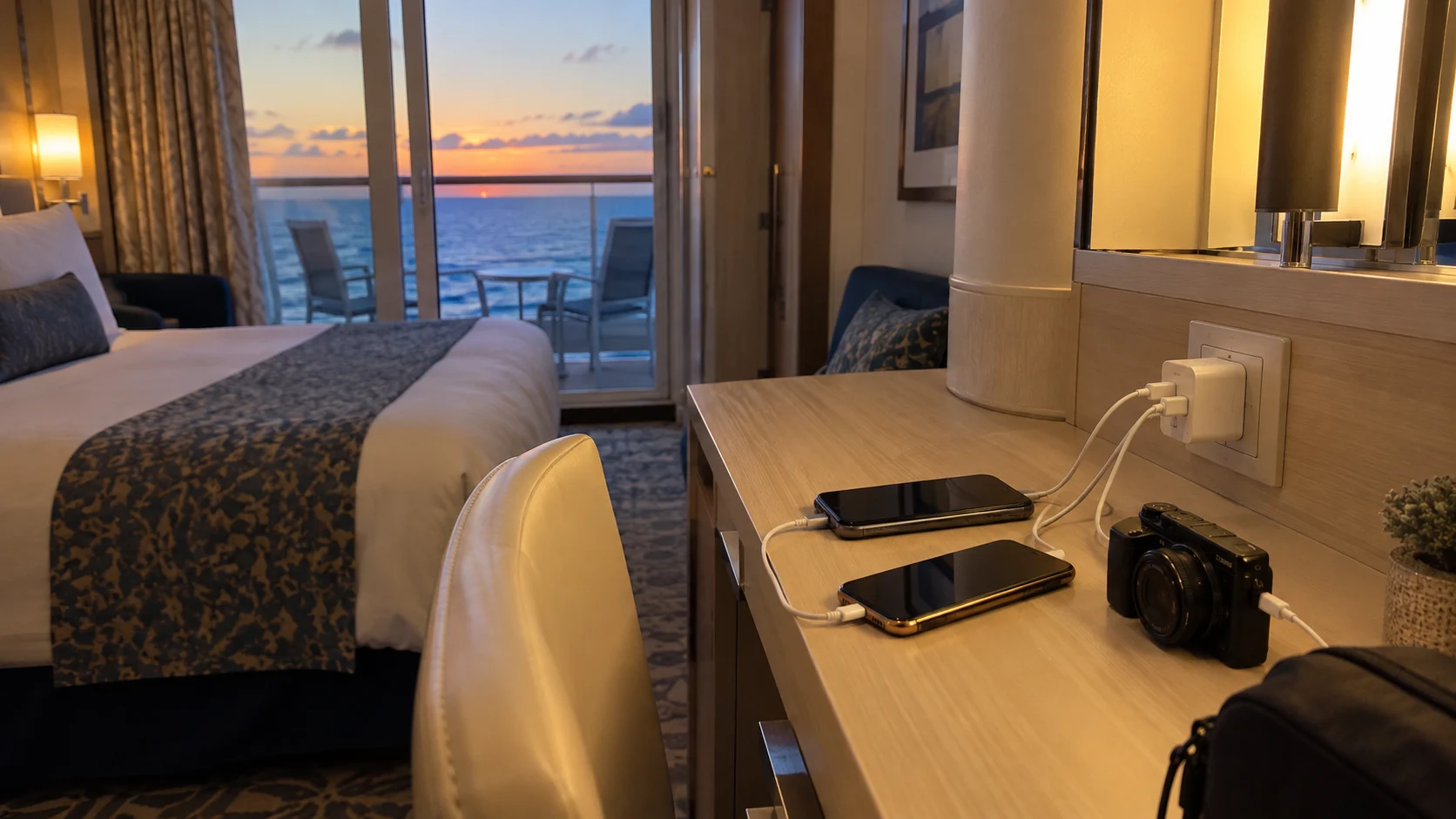 Compact multi-port charger powering devices at a cruise cabin desk