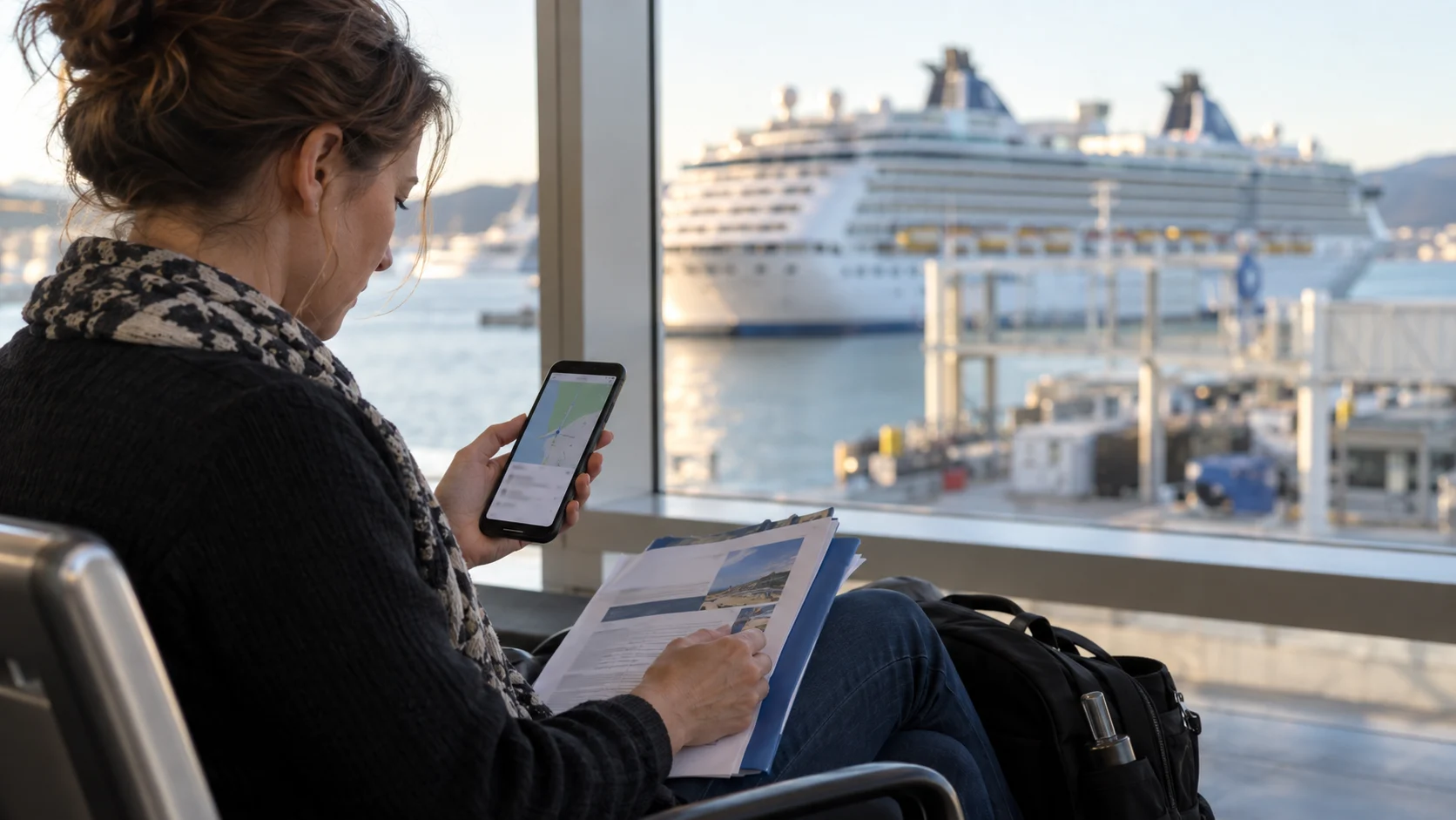 Traveler checking saved travel information with paper backups at a cruise terminal