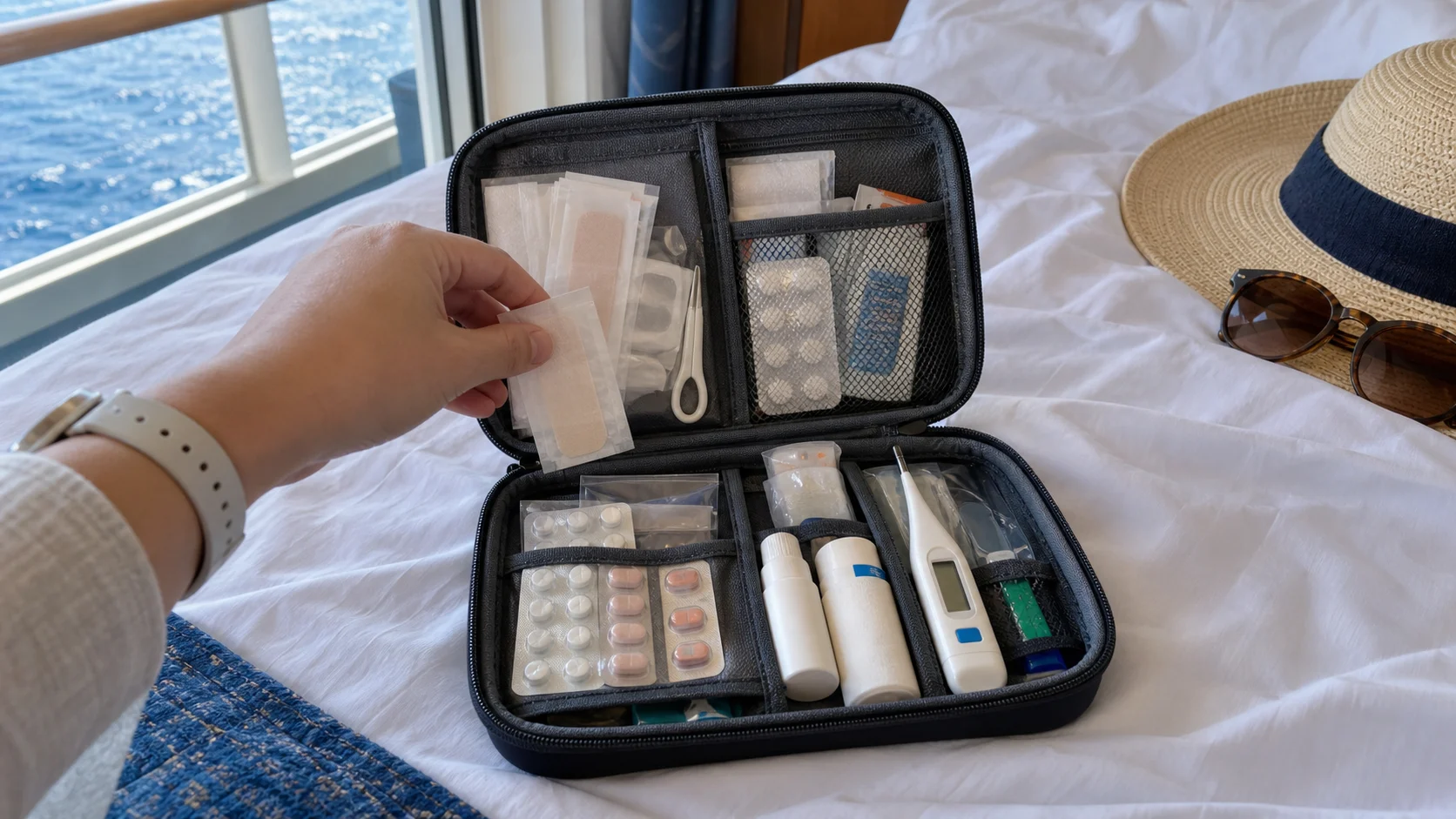 Open travel health kit with basic supplies on a cruise cabin bed