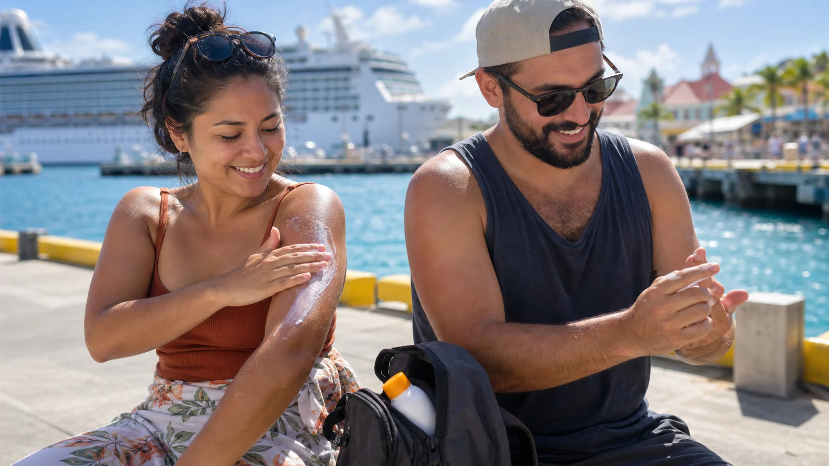 Couple applying face and body sunscreen before exploring a cruise port