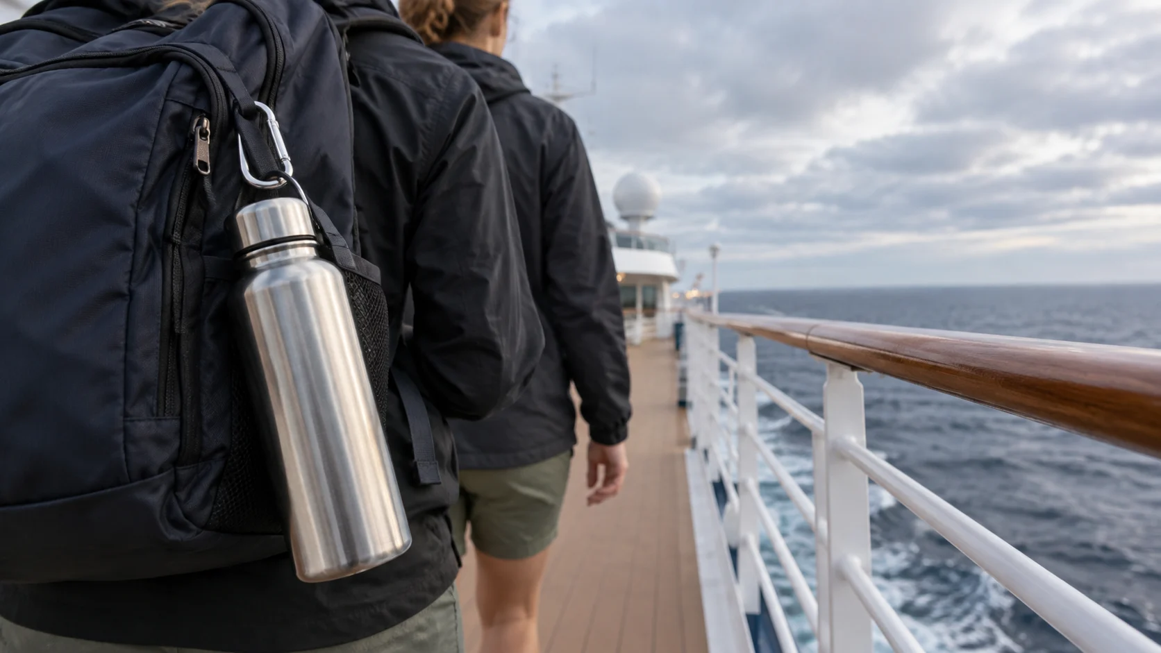 Refillable water bottle clipped to a daypack on a cruise promenade