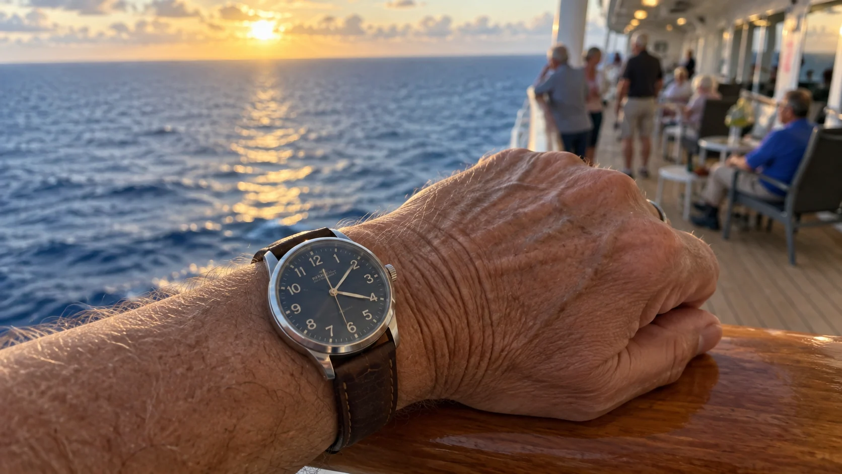 Analog watch on an older traveler's wrist beside the ocean at sunset