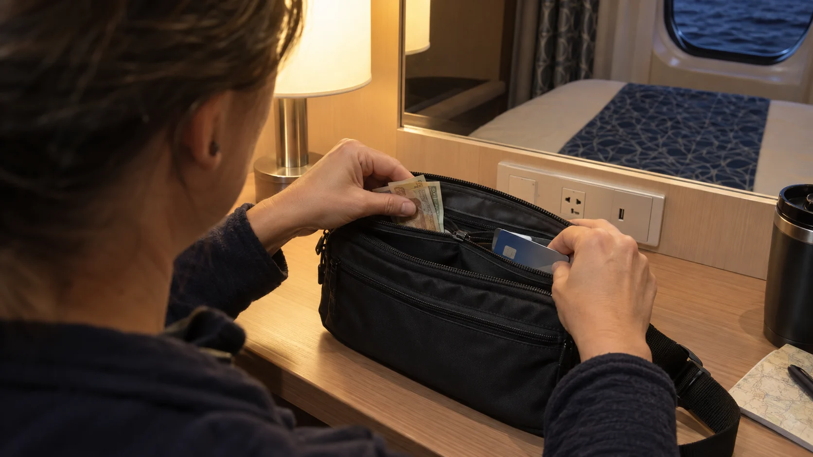 Traveler separating small bills and a backup card in a cruise cabin